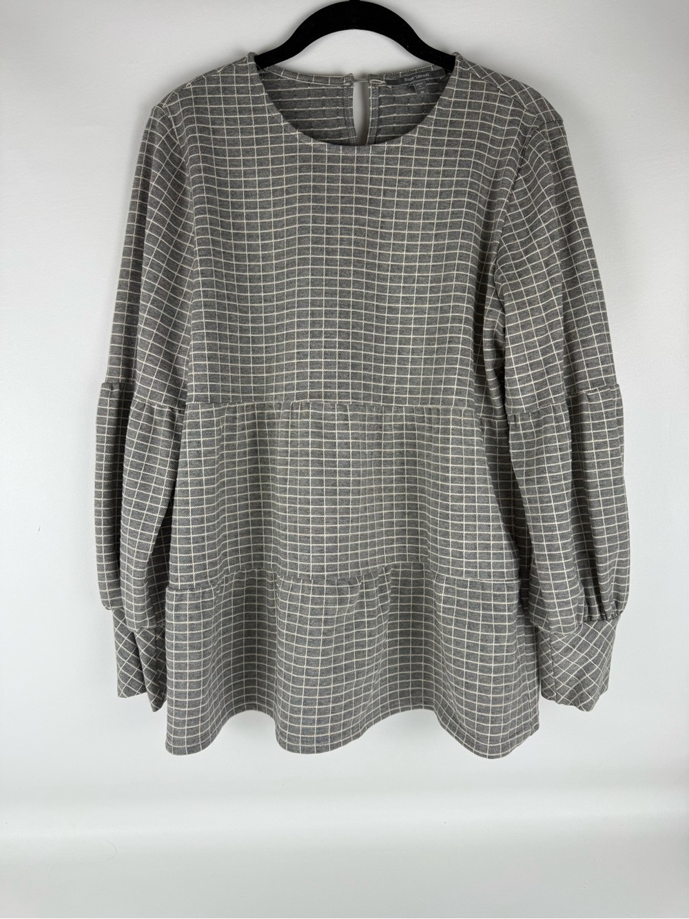 Blue Tassel Grid Pattern Tiered Balloon Sleeve Blouse Gray